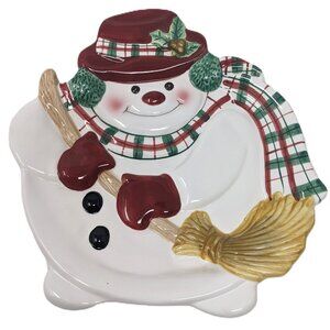 Fitz and Floyd Snowman Christmas Canape Cookie plate Plaid Scarf Red Hat Broom